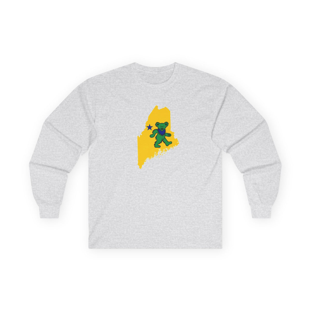 Maine Grateful Dead Bear Long Sleeve Tee — Retro Dancing Bear on Yellow State Silhouette