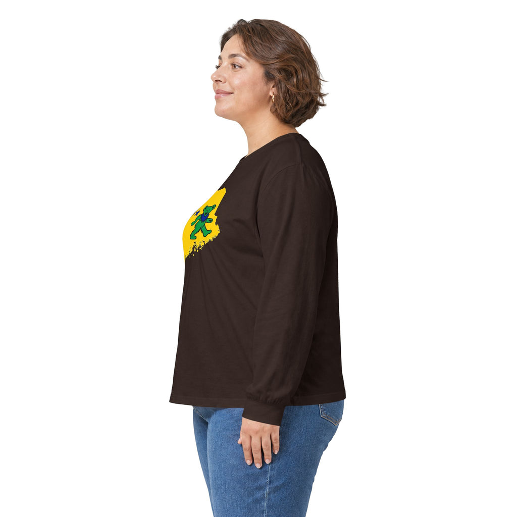 Maine Grateful Dead Bear Long Sleeve Tee — Retro Dancing Bear on Yellow State Silhouette
