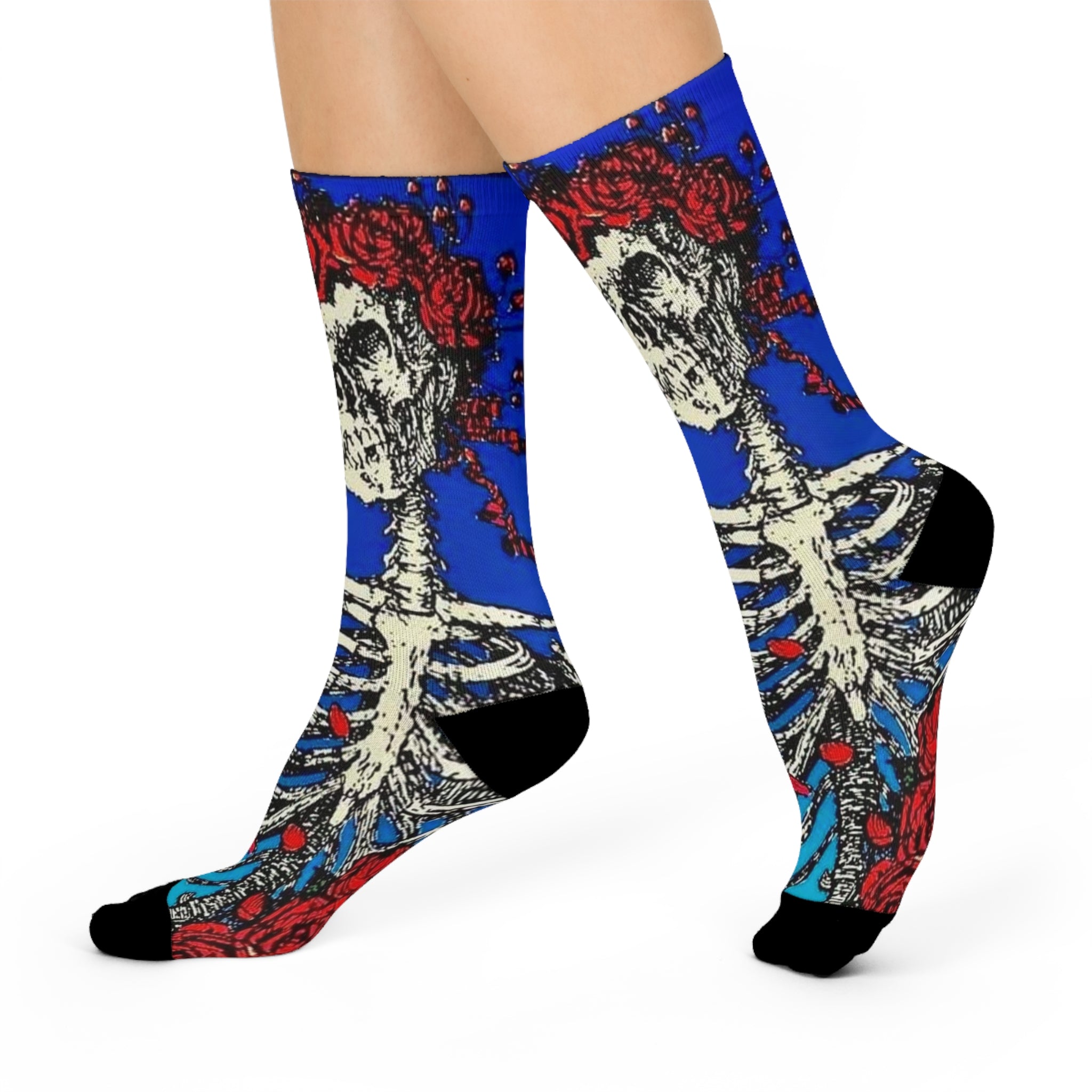 Grateful Dead Skeleton with Red Roses Crew Socks | Floral Skull Socks, Blue Gothic Hosiery