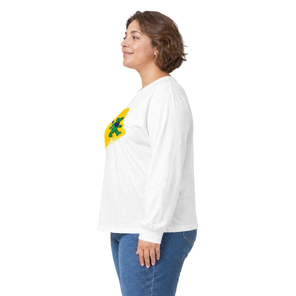 Maine Grateful Dead Bear Long Sleeve Tee — Retro Dancing Bear on Yellow State Silhouette