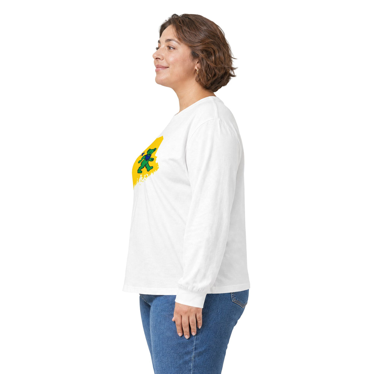 Maine Grateful Dead Bear Long Sleeve Tee — Retro Dancing Bear on Yellow State Silhouette