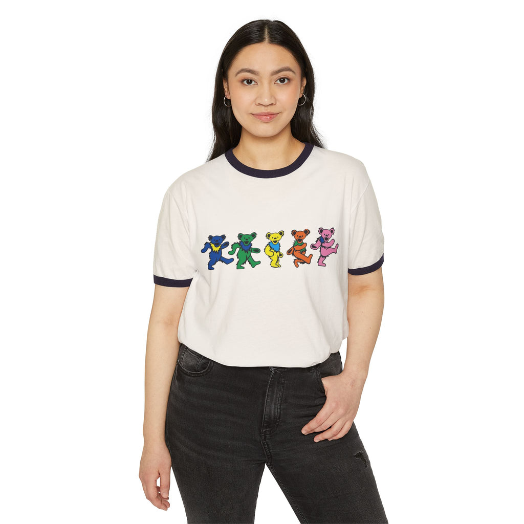 Dancing Rainbow Bears T-Shirt | Retro Grateful Dead Style Ringer Tee