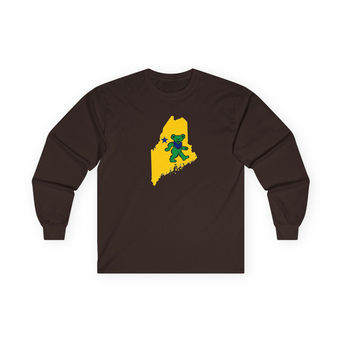 Maine Grateful Dead Bear Long Sleeve Tee — Retro Dancing Bear on Yellow State Silhouette