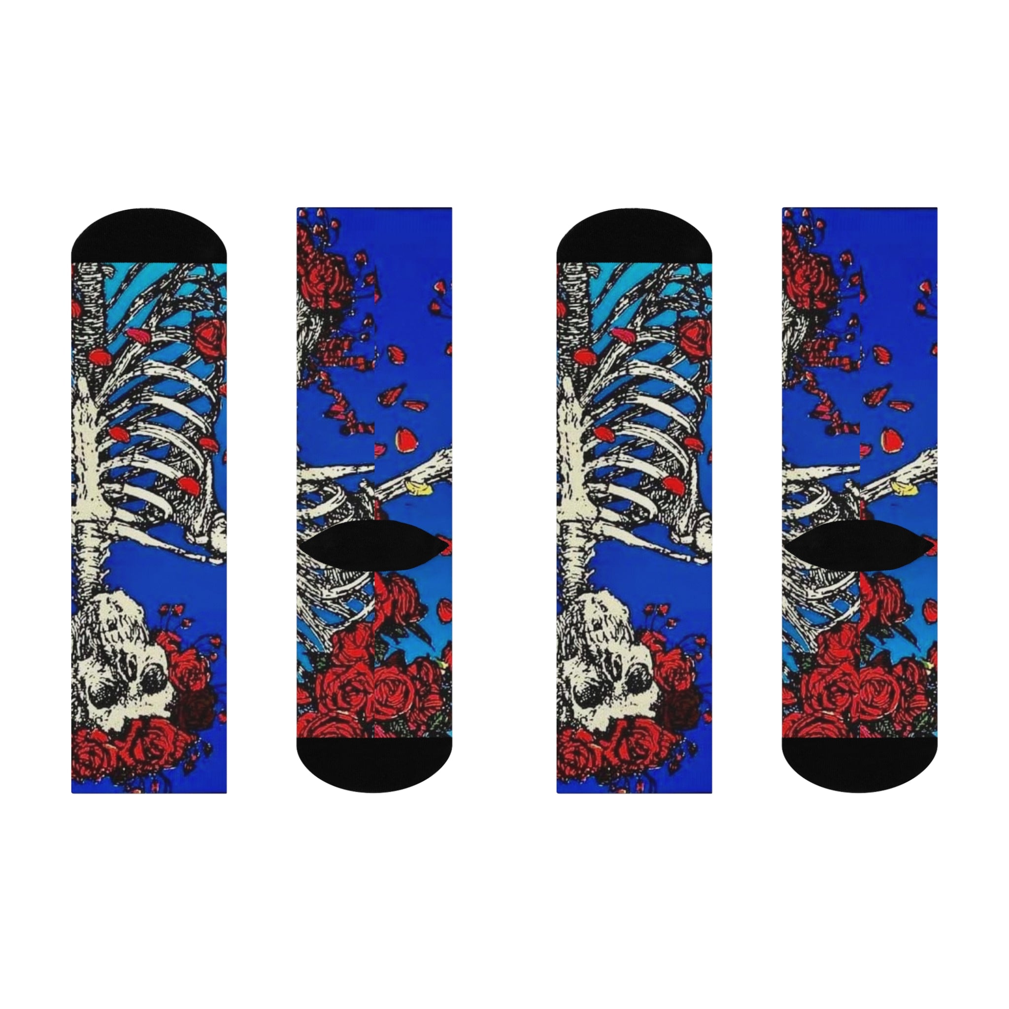 Grateful Dead Skeleton with Red Roses Crew Socks | Floral Skull Socks, Blue Gothic Hosiery