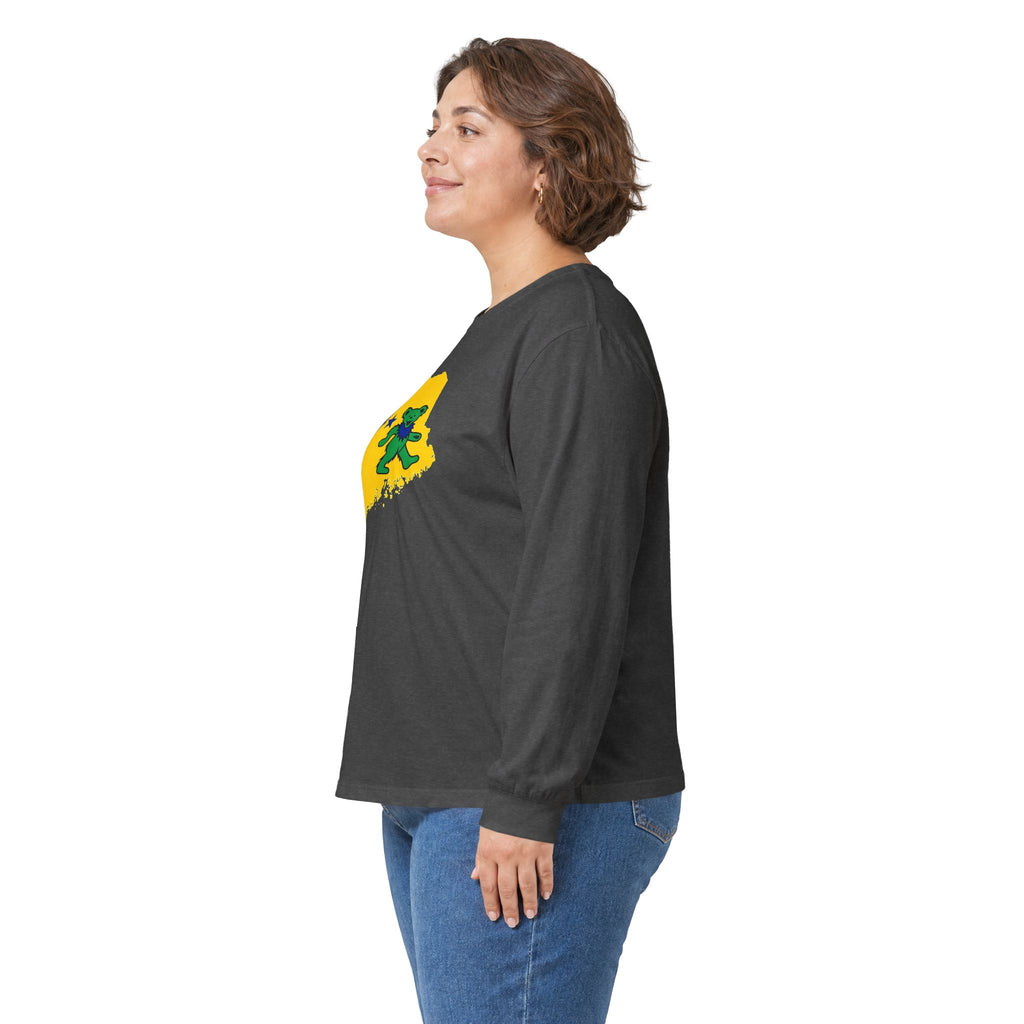 Maine Grateful Dead Bear Long Sleeve Tee — Retro Dancing Bear on Yellow State Silhouette