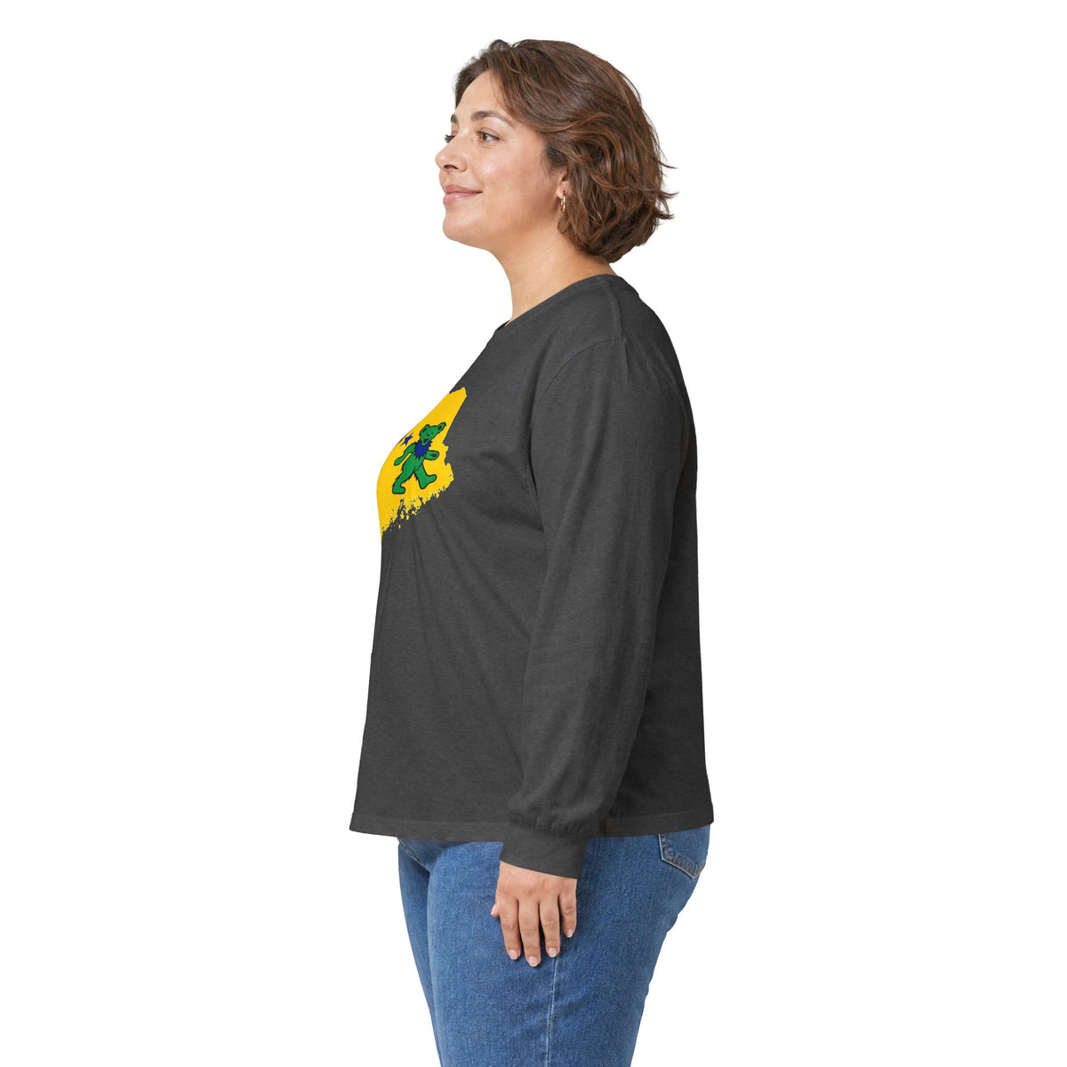 Maine Grateful Dead Bear Long Sleeve Tee — Retro Dancing Bear on Yellow State Silhouette