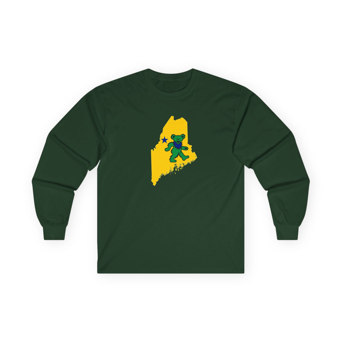 Maine Grateful Dead Bear Long Sleeve Tee — Retro Dancing Bear on Yellow State Silhouette