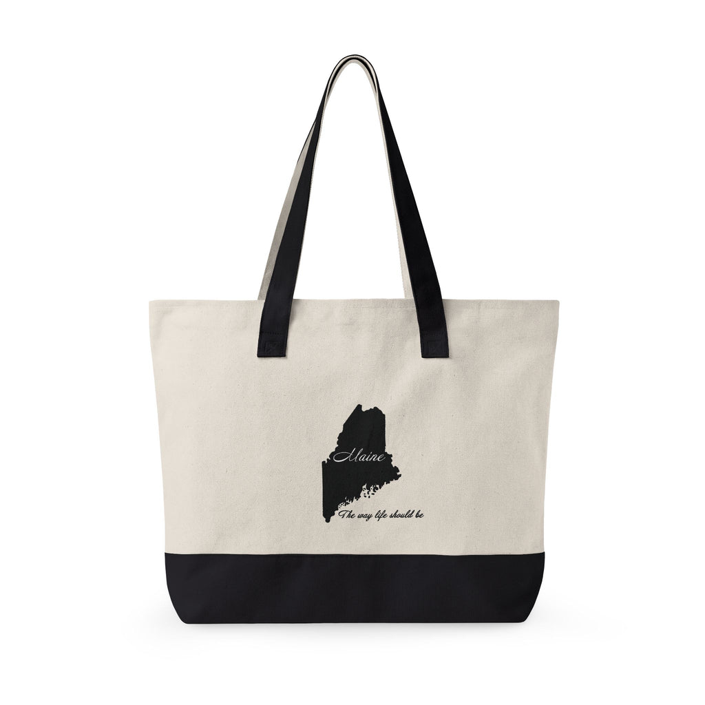 Maine State Silhouette Zippered Canvas Tote | Maine map, coastline script