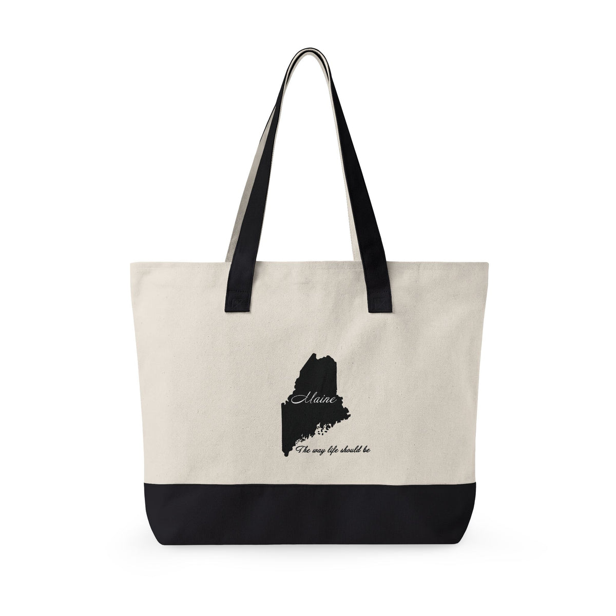 Maine State Silhouette Zippered Canvas Tote | Maine map, coastline script