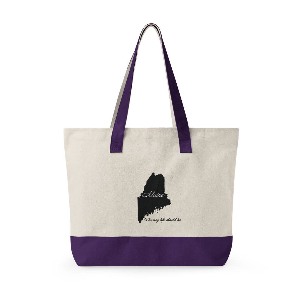Maine State Silhouette Zippered Canvas Tote | Maine map, coastline script