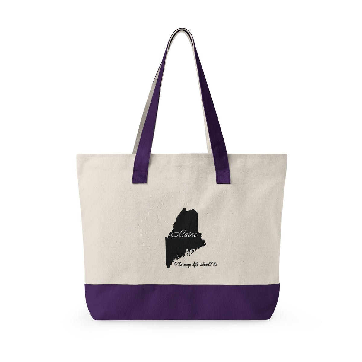 Maine State Silhouette Zippered Canvas Tote | Maine map, coastline script