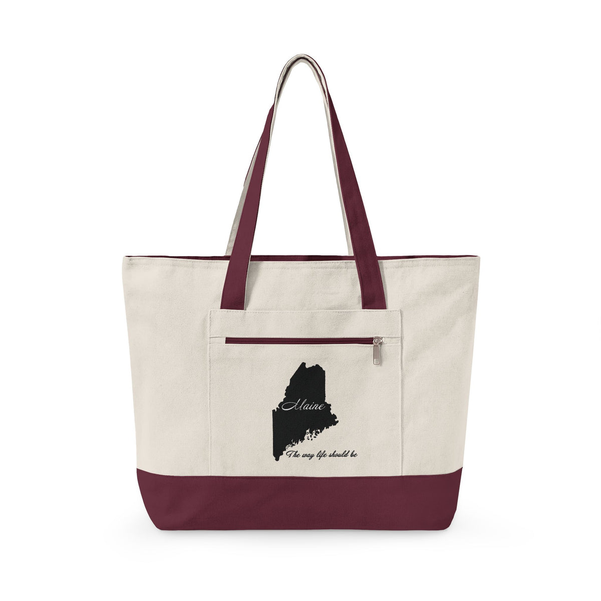 Maine State Silhouette Zippered Canvas Tote | Maine map, coastline script