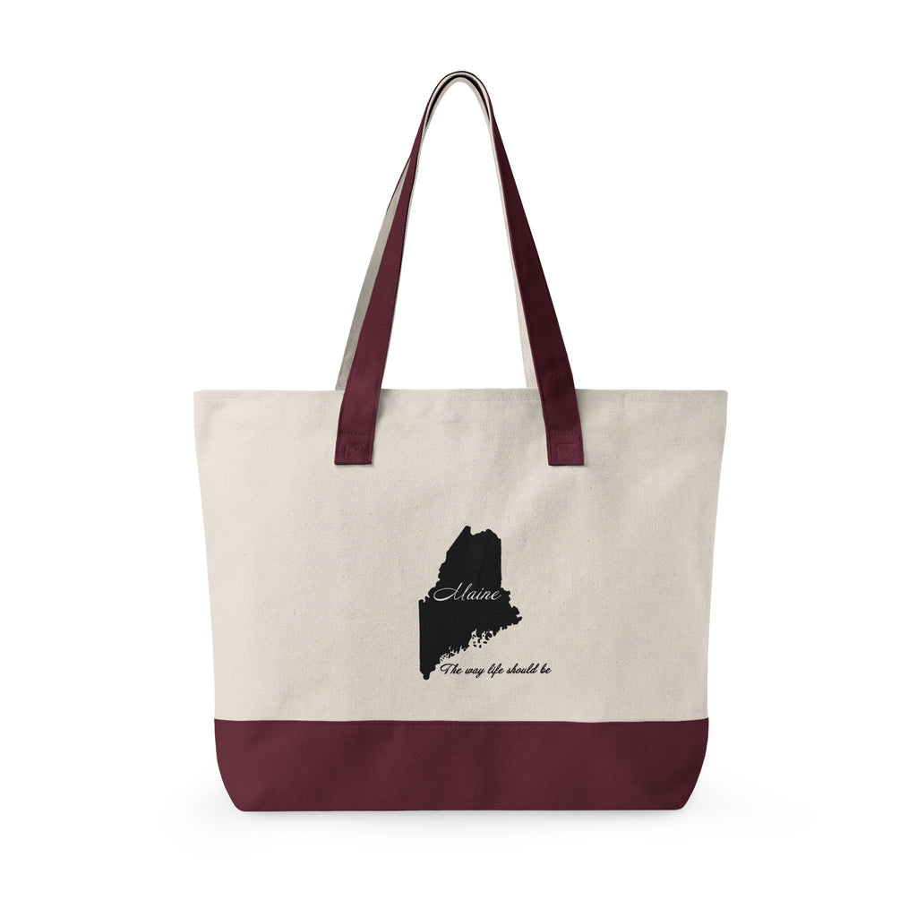 Maine State Silhouette Zippered Canvas Tote | Maine map, coastline script
