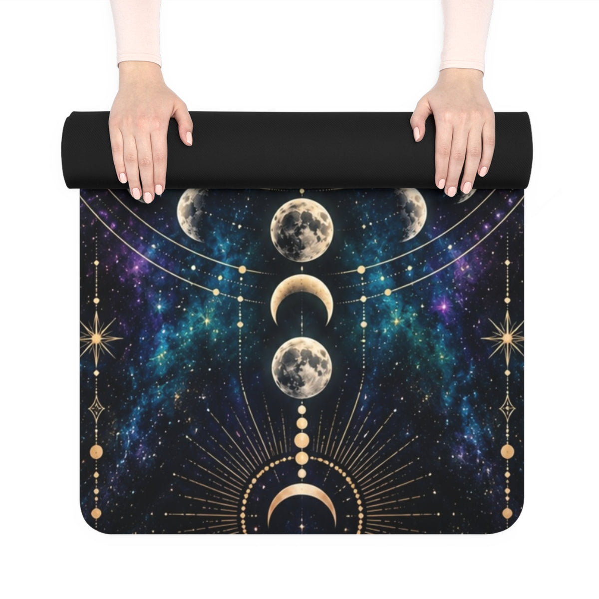 Sacred Geometry Moon Phases Rubber Yoga Mat | Flower of Life Celestial Design