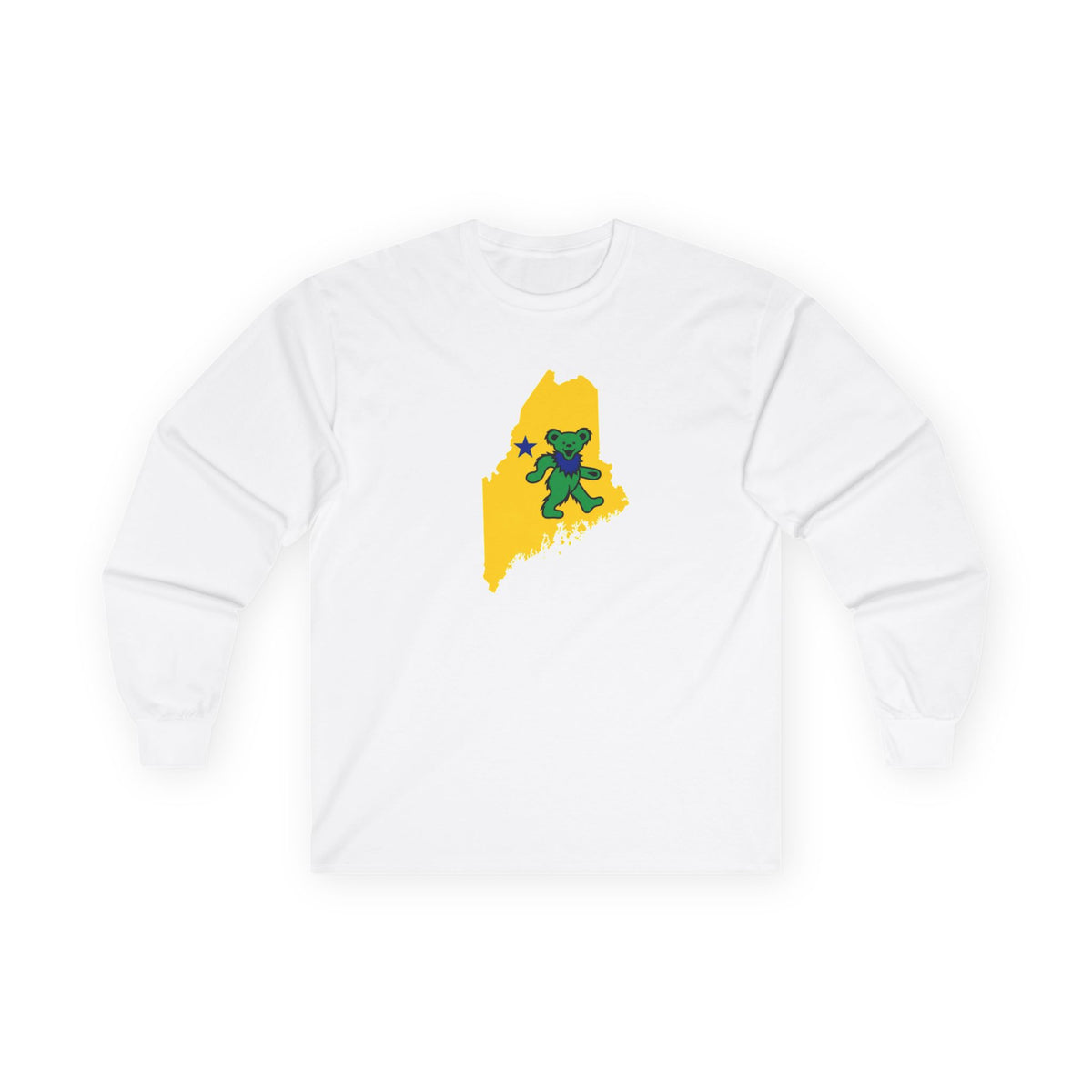 Maine Grateful Dead Bear Long Sleeve Tee — Retro Dancing Bear on Yellow State Silhouette