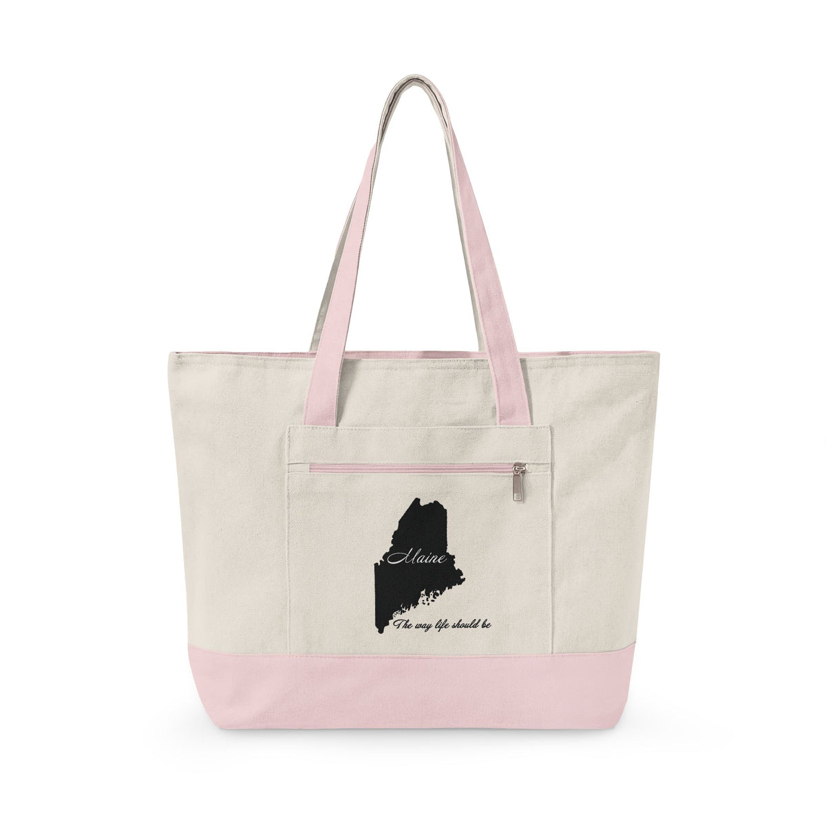 Maine State Silhouette Zippered Canvas Tote | Maine map, coastline script