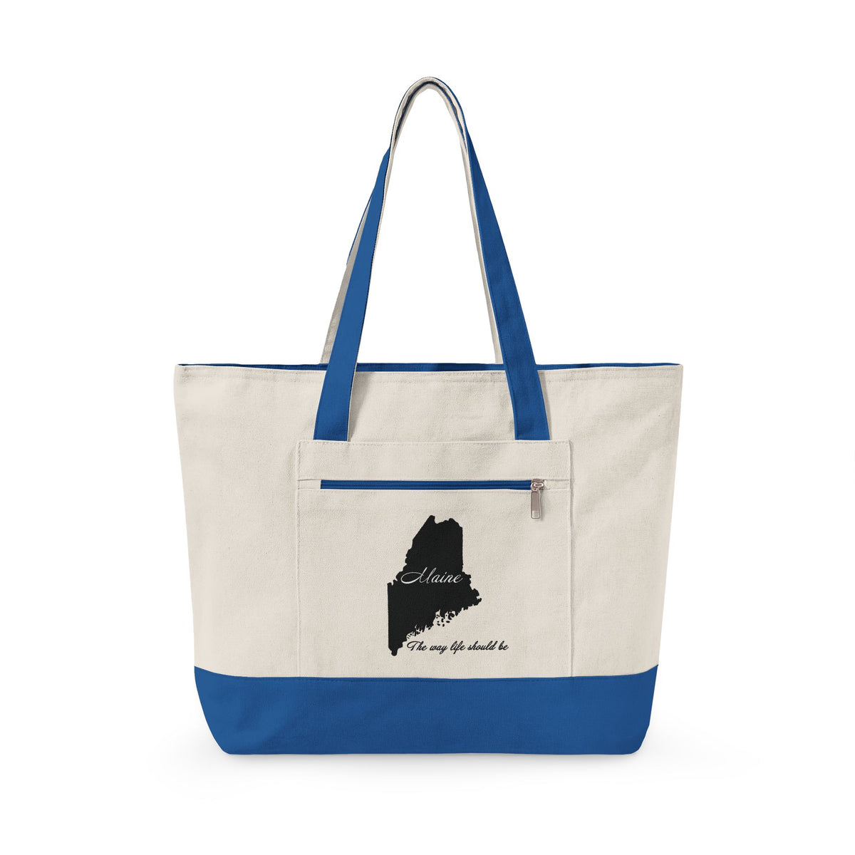 Maine State Silhouette Zippered Canvas Tote | Maine map, coastline script