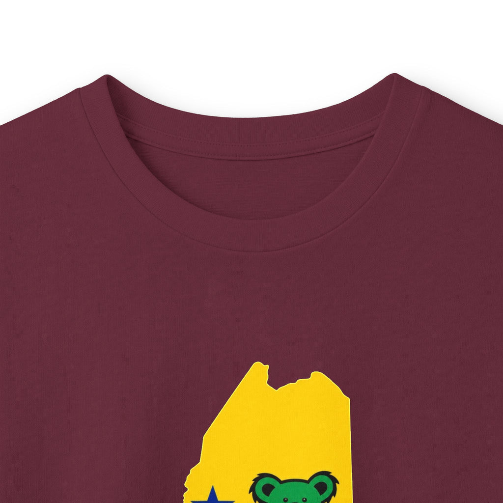 Maine Grateful Dead Bear Long Sleeve Tee — Retro Dancing Bear on Yellow State Silhouette