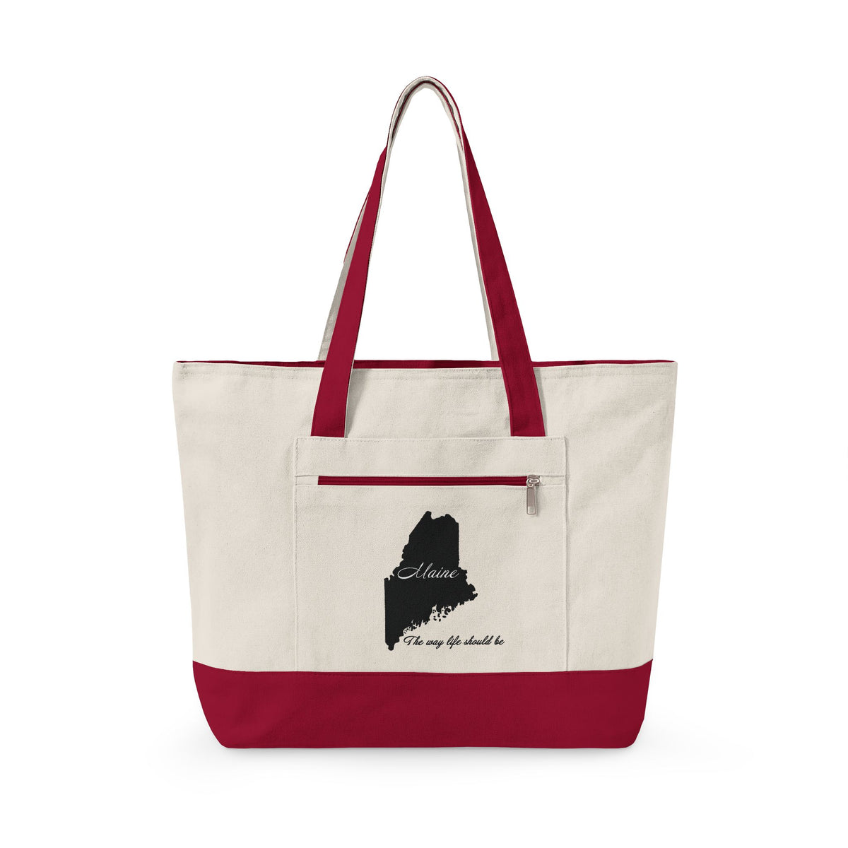 Maine State Silhouette Zippered Canvas Tote | Maine map, coastline script