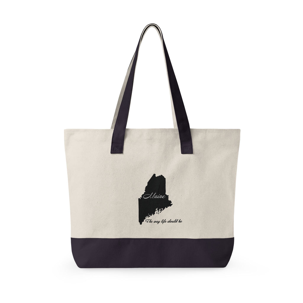 Maine State Silhouette Zippered Canvas Tote | Maine map, coastline script