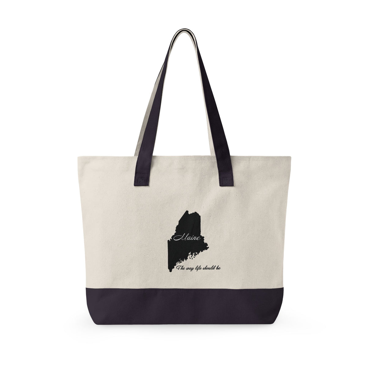 Maine State Silhouette Zippered Canvas Tote | Maine map, coastline script