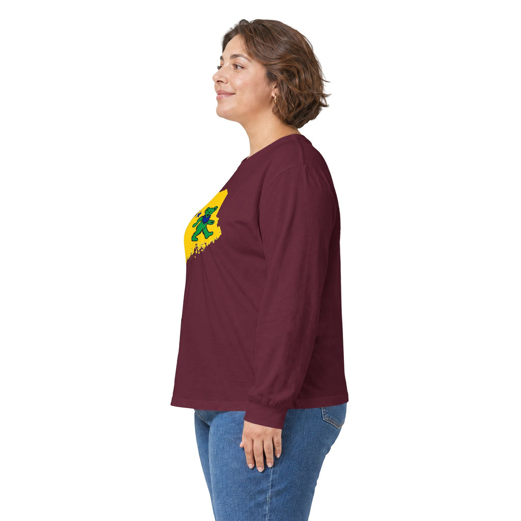 Maine Grateful Dead Bear Long Sleeve Tee — Retro Dancing Bear on Yellow State Silhouette