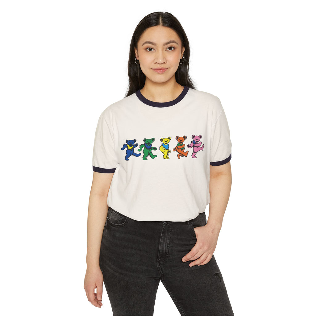 Dancing Rainbow Bears T-Shirt | Retro Grateful Dead Style Ringer Tee