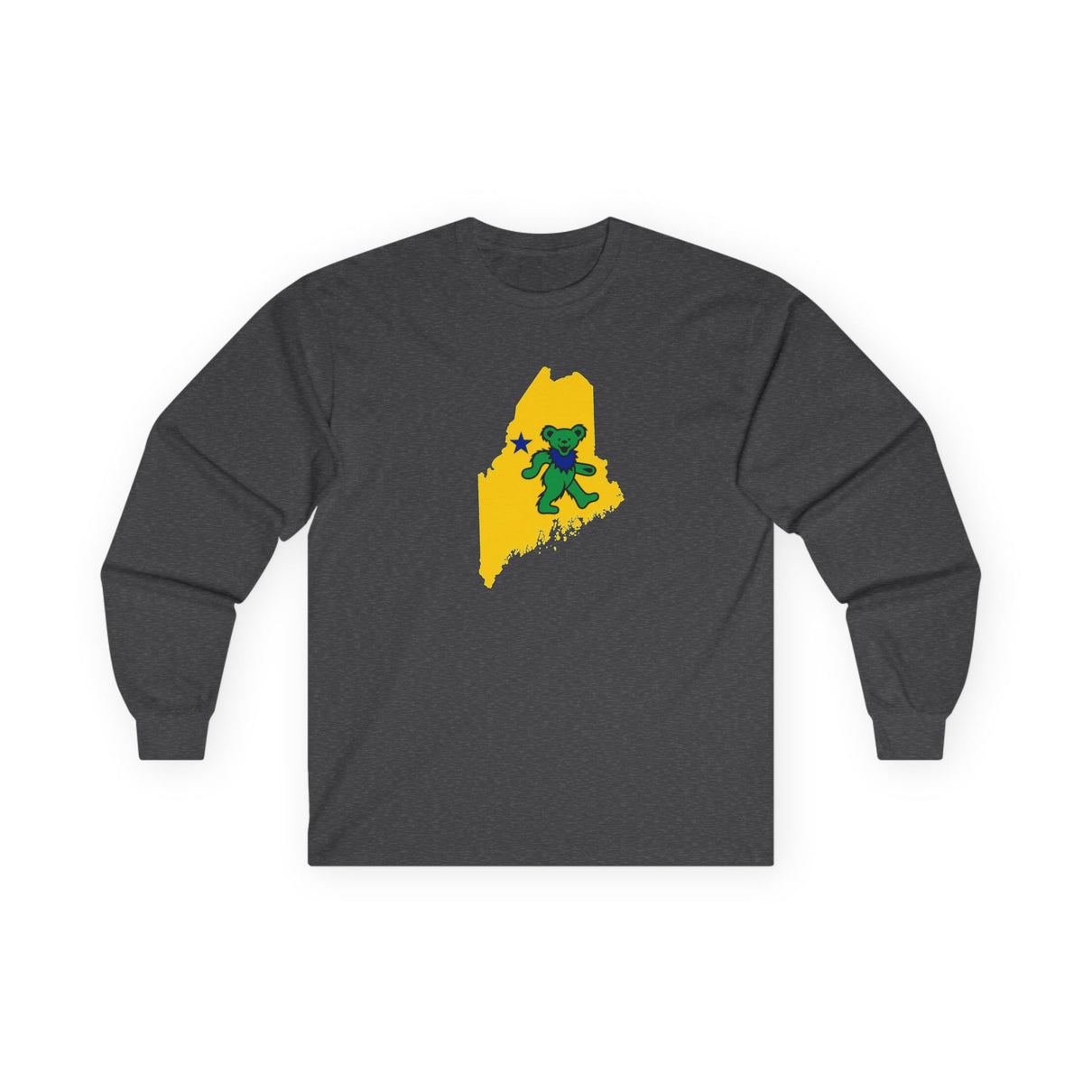 Maine Grateful Dead Bear Long Sleeve Tee — Retro Dancing Bear on Yellow State Silhouette