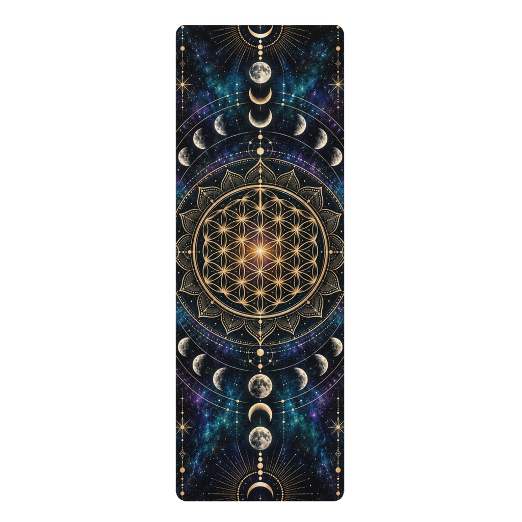 Sacred Geometry Moon Phases Rubber Yoga Mat | Flower of Life Celestial Design