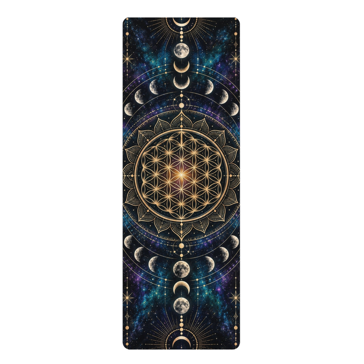 Sacred Geometry Moon Phases Rubber Yoga Mat | Flower of Life Celestial Design