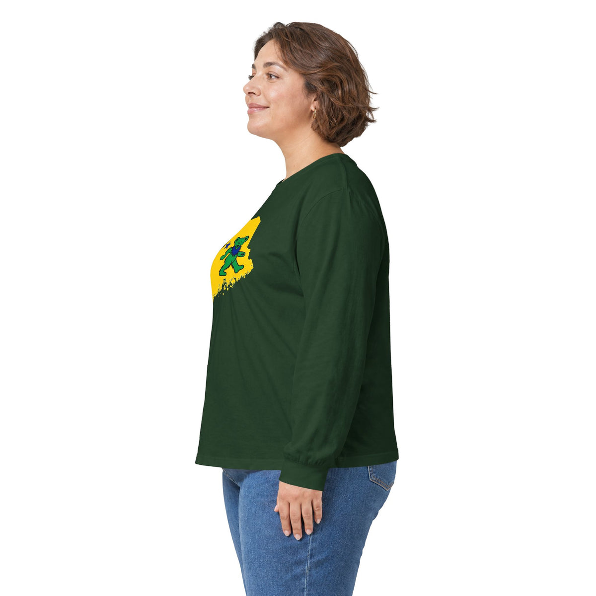 Maine Grateful Dead Bear Long Sleeve Tee — Retro Dancing Bear on Yellow State Silhouette
