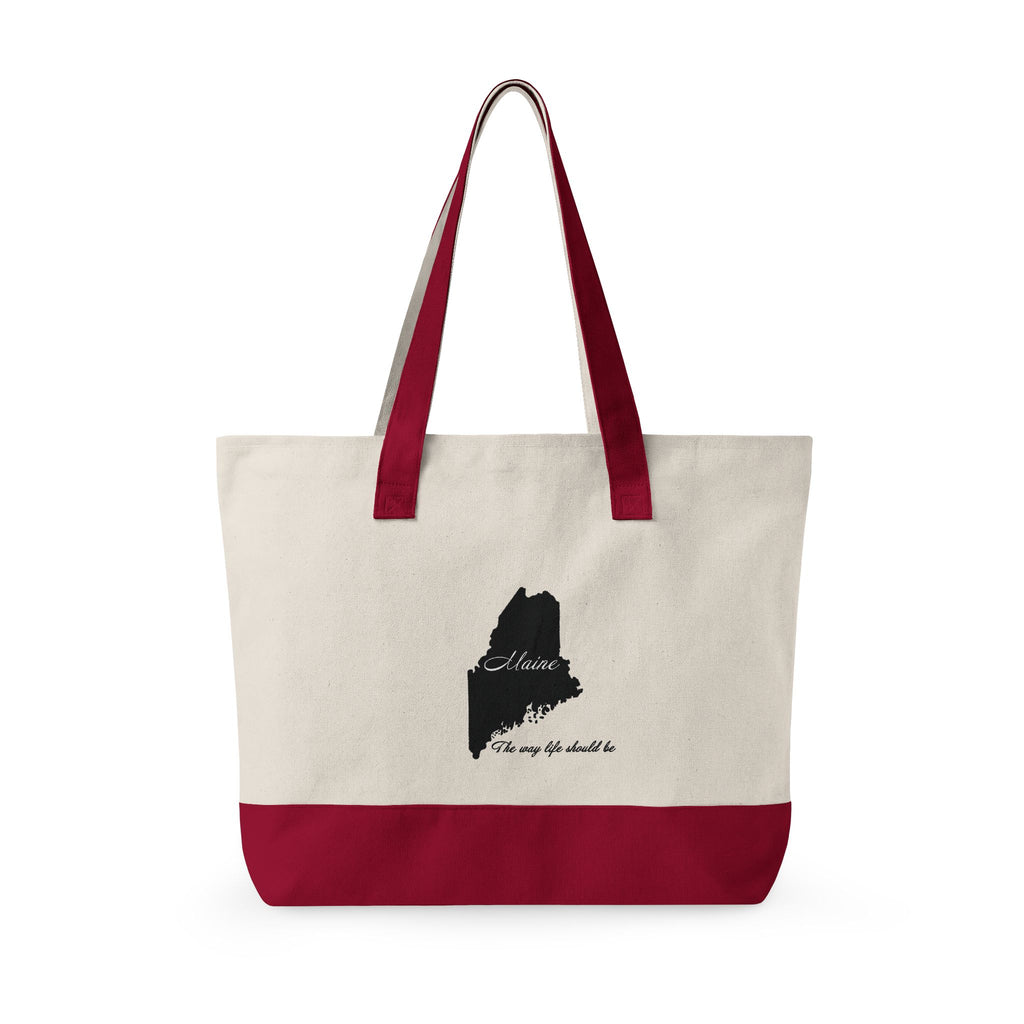 Maine State Silhouette Zippered Canvas Tote | Maine map, coastline script