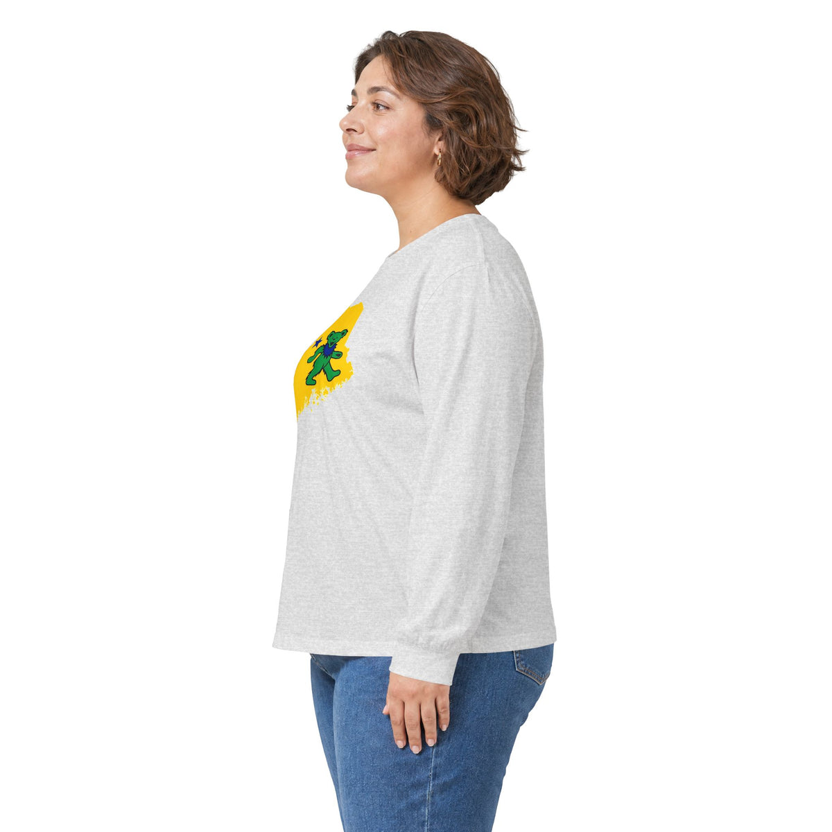 Maine Grateful Dead Bear Long Sleeve Tee — Retro Dancing Bear on Yellow State Silhouette