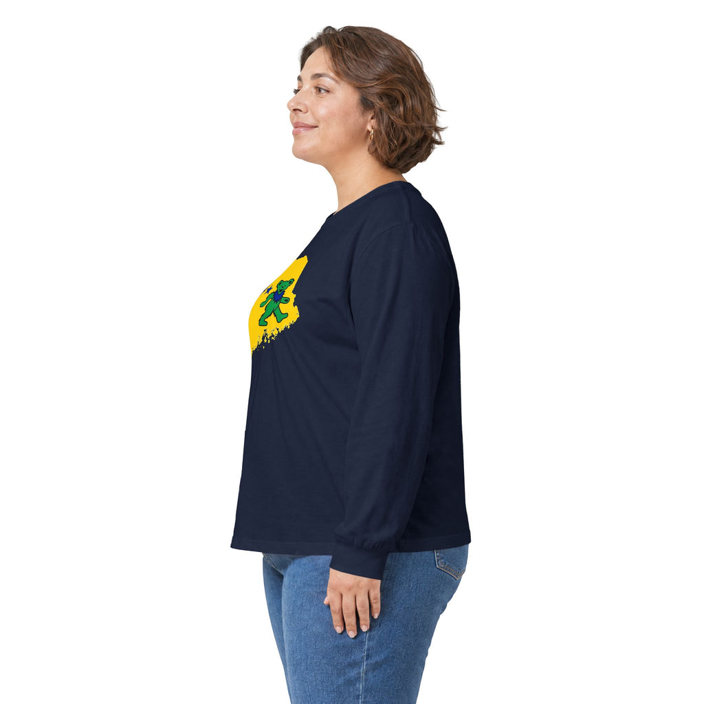 Maine Grateful Dead Bear Long Sleeve Tee — Retro Dancing Bear on Yellow State Silhouette