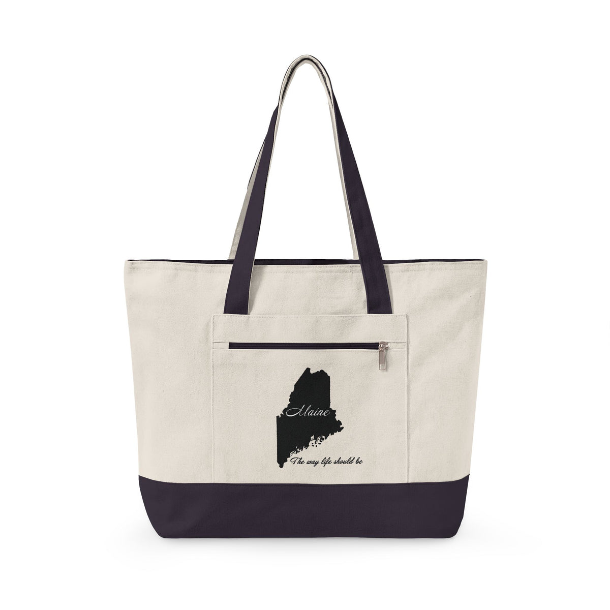 Maine State Silhouette Zippered Canvas Tote | Maine map, coastline script