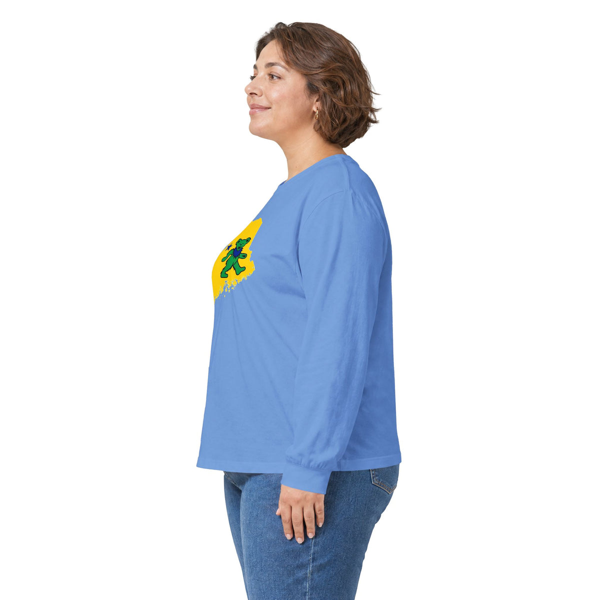 Maine Grateful Dead Bear Long Sleeve Tee — Retro Dancing Bear on Yellow State Silhouette