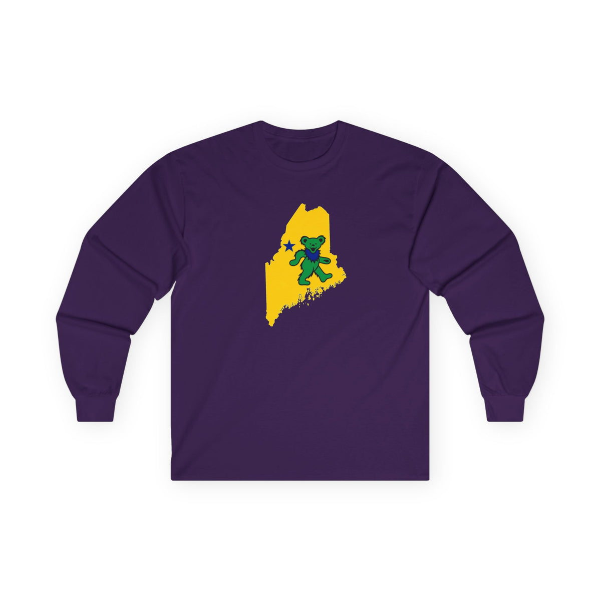 Maine Grateful Dead Bear Long Sleeve Tee — Retro Dancing Bear on Yellow State Silhouette