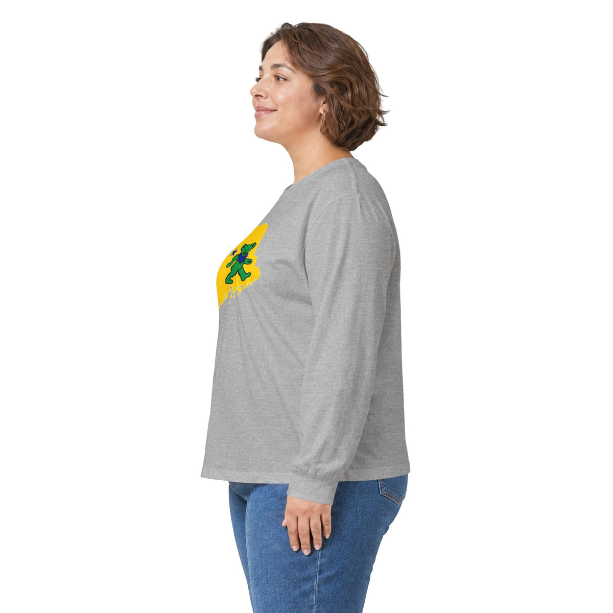 Maine Grateful Dead Bear Long Sleeve Tee — Retro Dancing Bear on Yellow State Silhouette