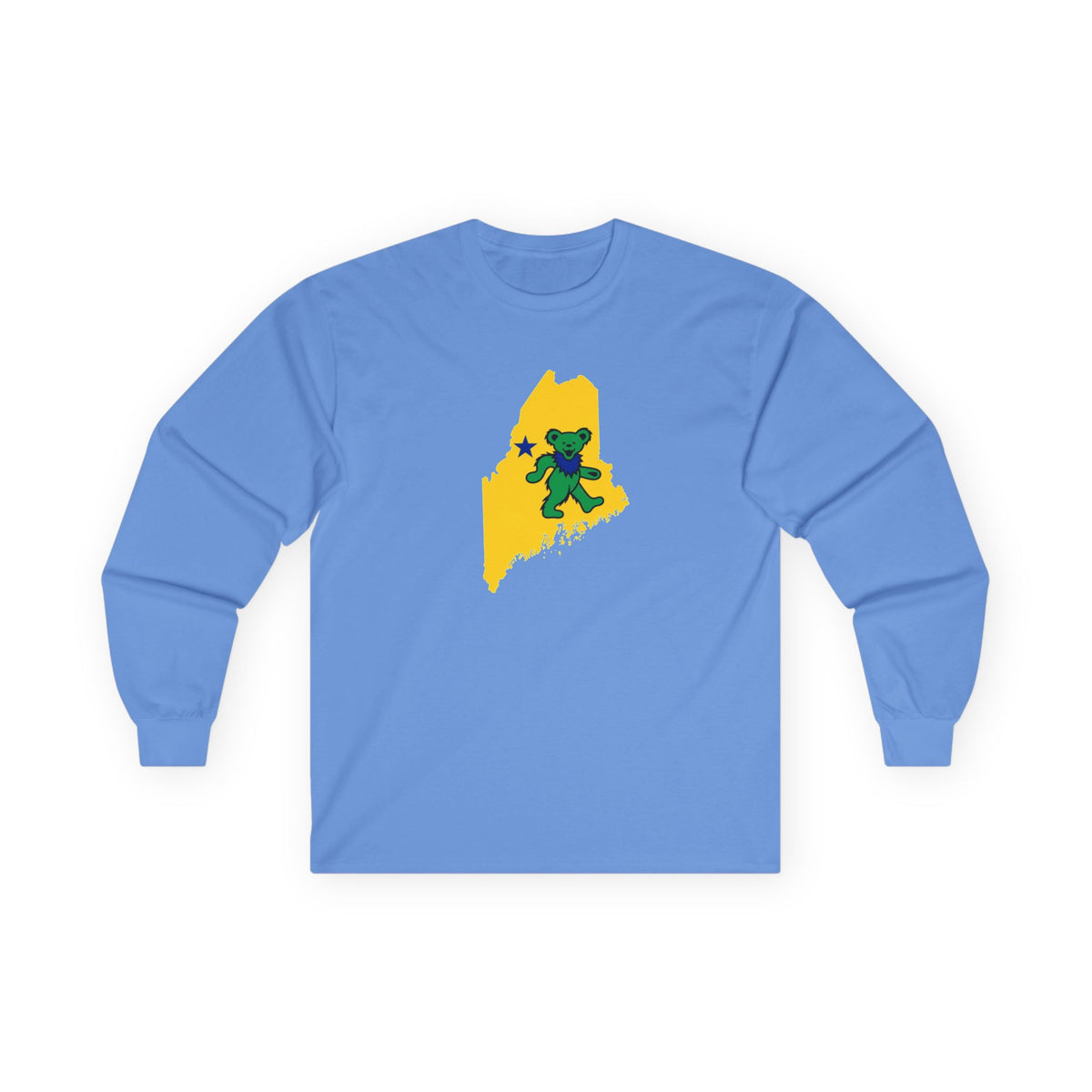 Maine Grateful Dead Bear Long Sleeve Tee — Retro Dancing Bear on Yellow State Silhouette