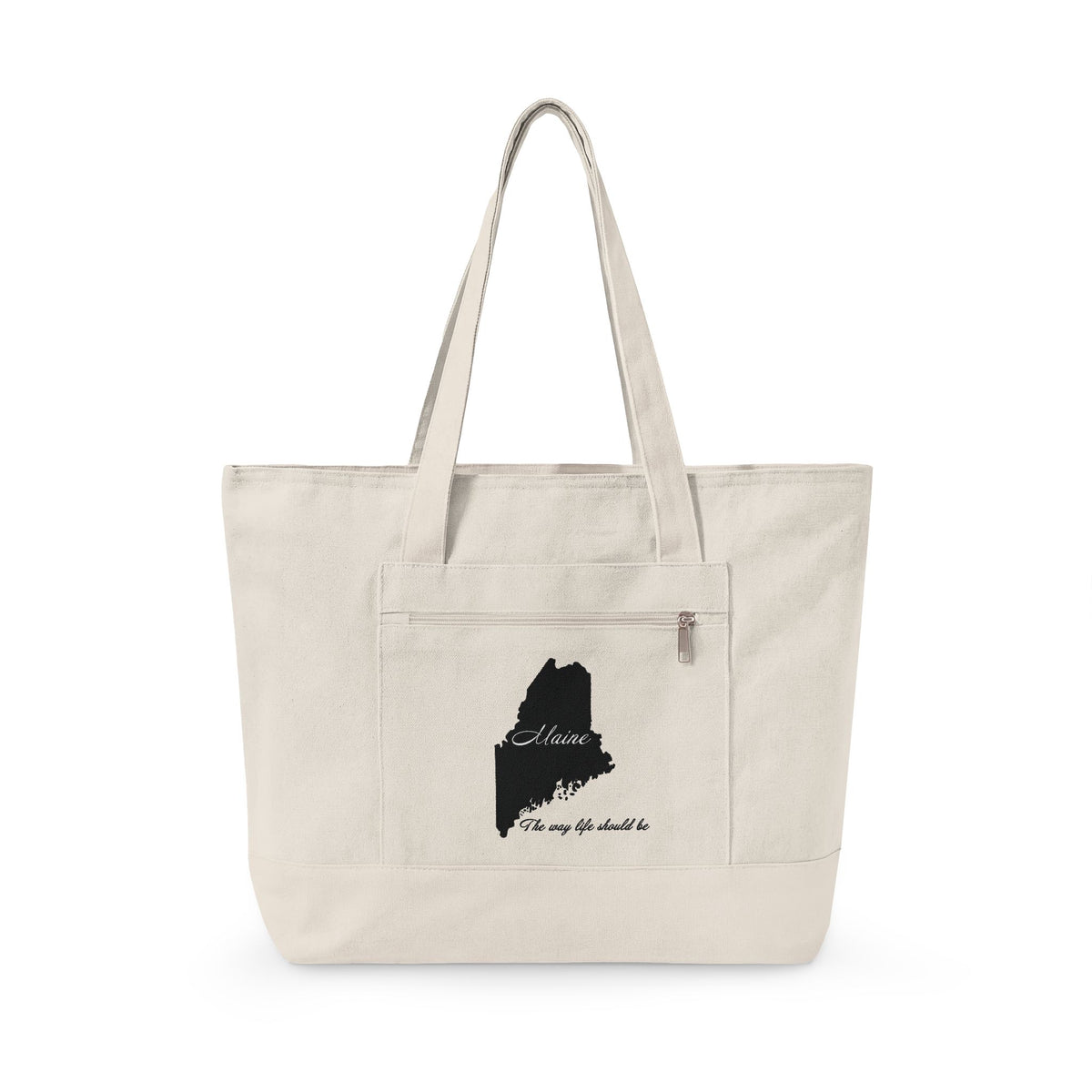 Maine State Silhouette Zippered Canvas Tote | Maine map, coastline script