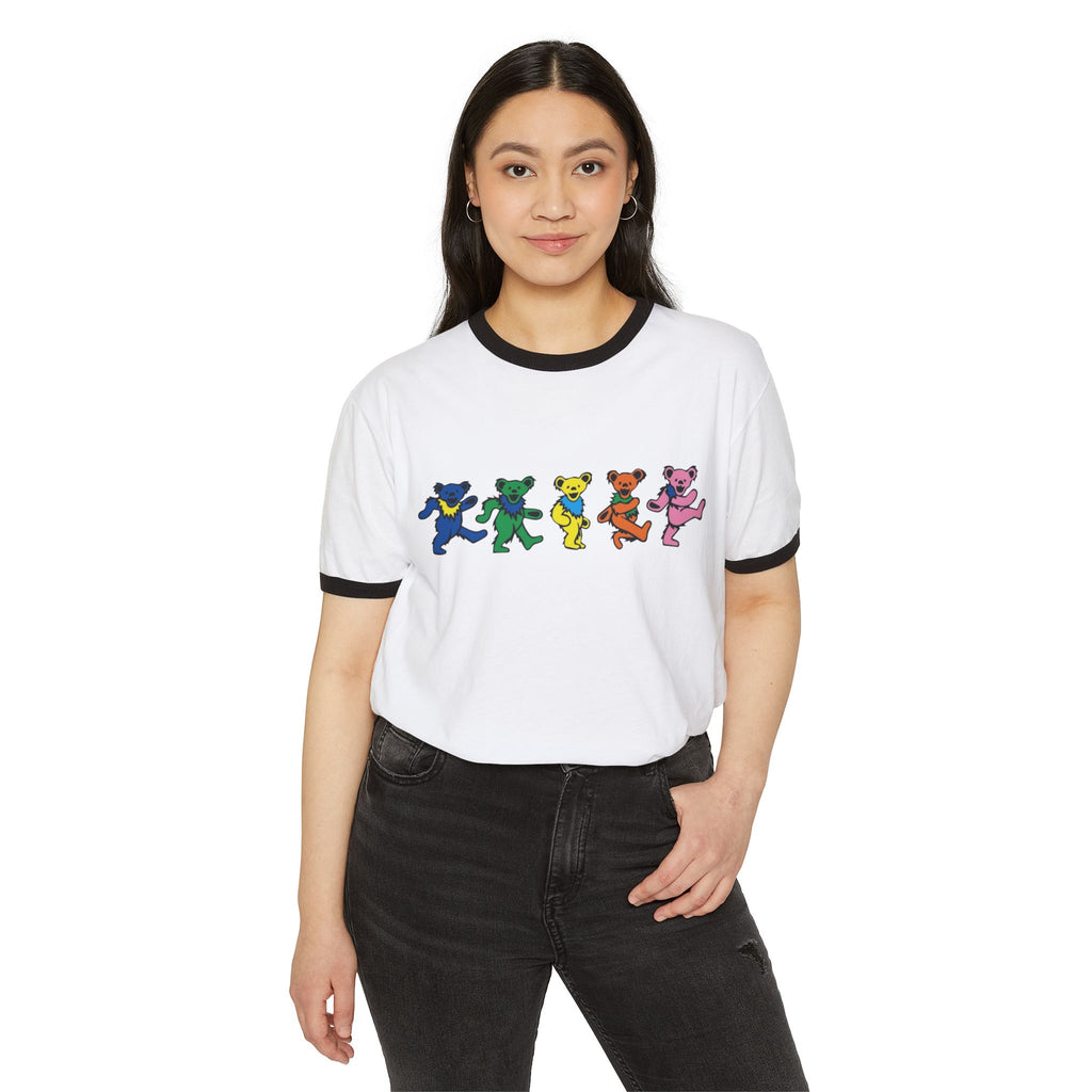 Dancing Rainbow Bears T-Shirt | Retro Grateful Dead Style Ringer Tee