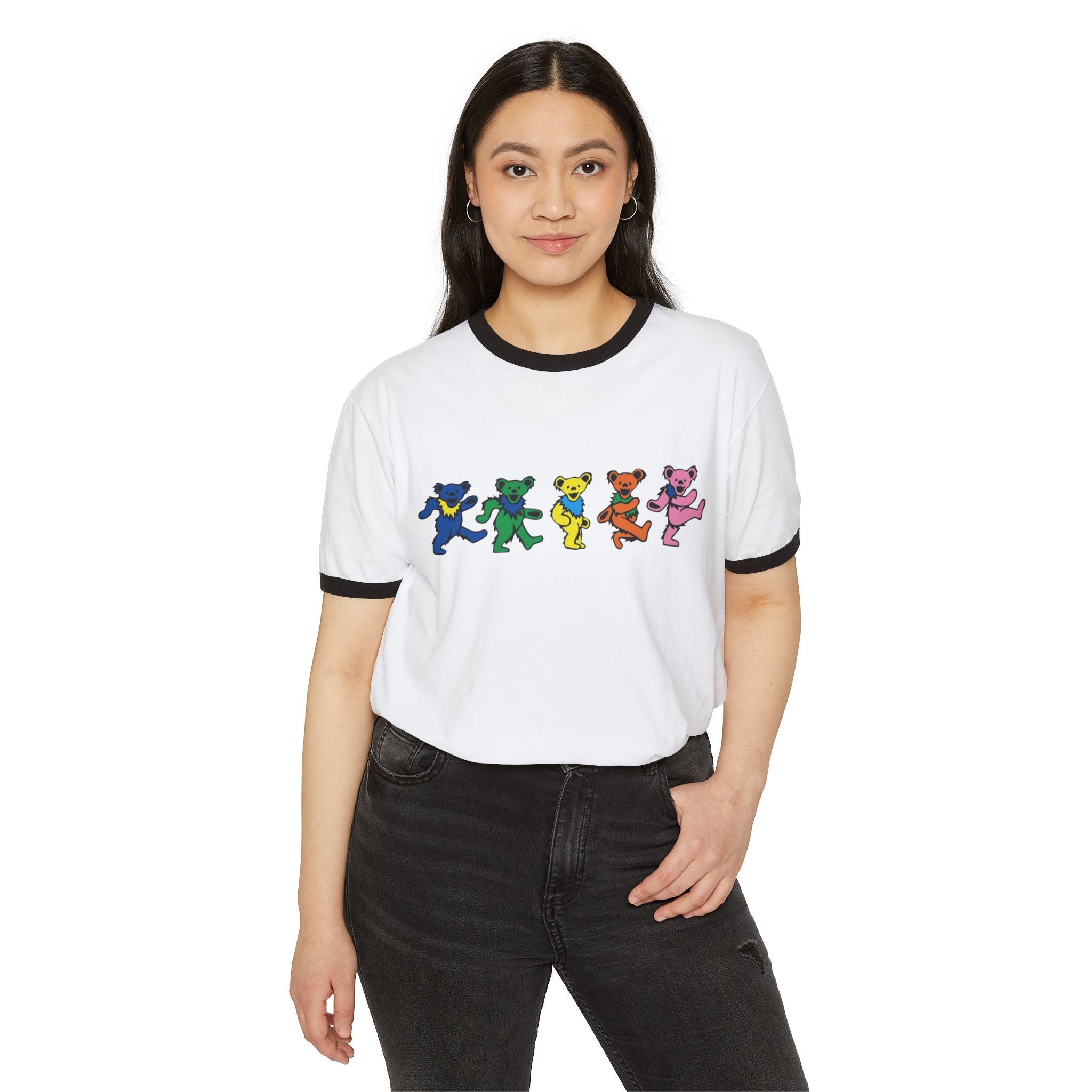Dancing Rainbow Bears T-Shirt | Retro Grateful Dead Style Ringer Tee
