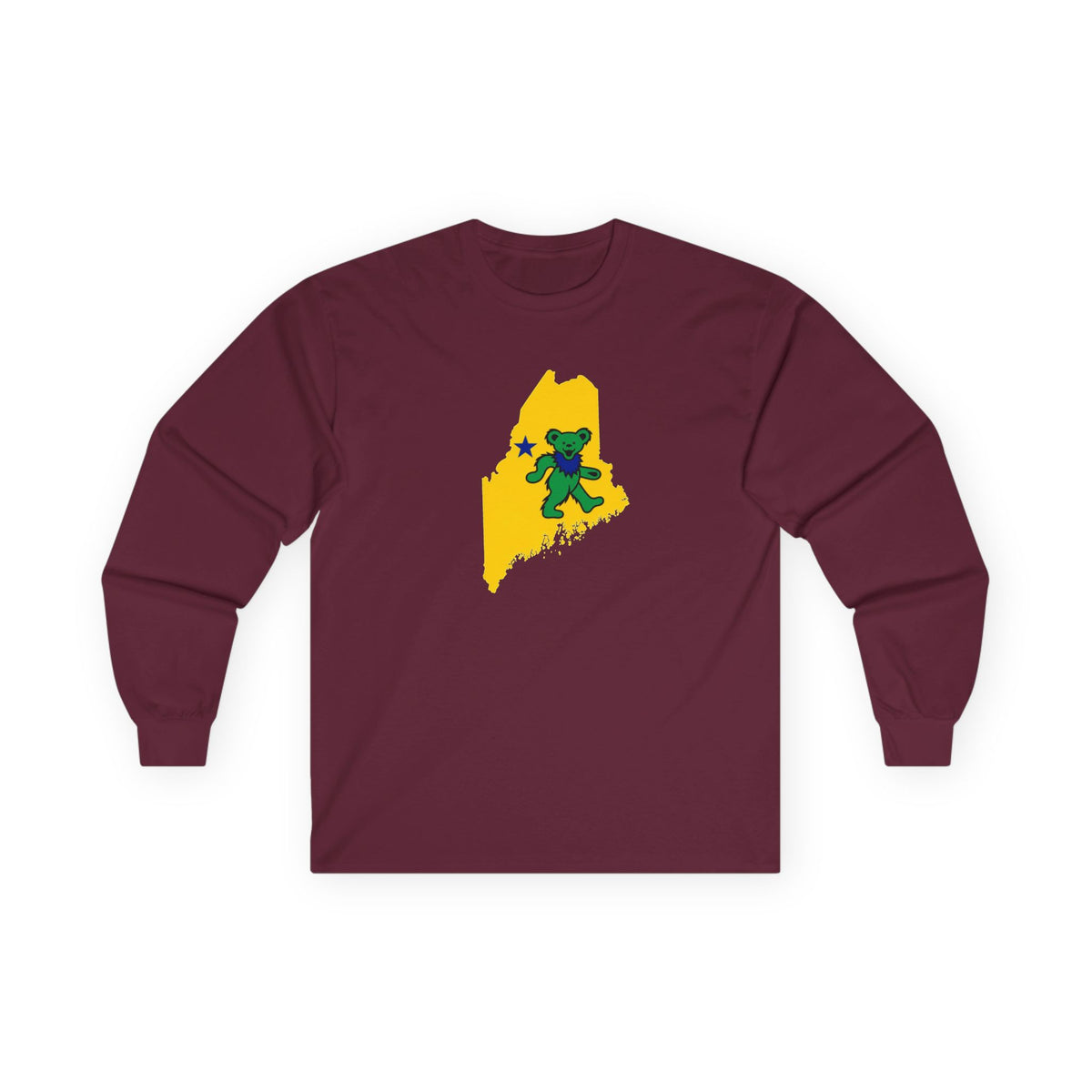 Maine Grateful Dead Bear Long Sleeve Tee — Retro Dancing Bear on Yellow State Silhouette