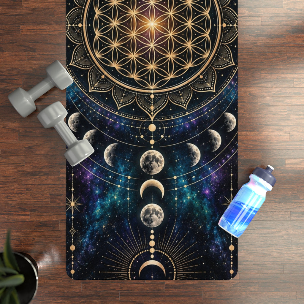 Sacred Geometry Moon Phases Rubber Yoga Mat | Flower of Life Celestial Design