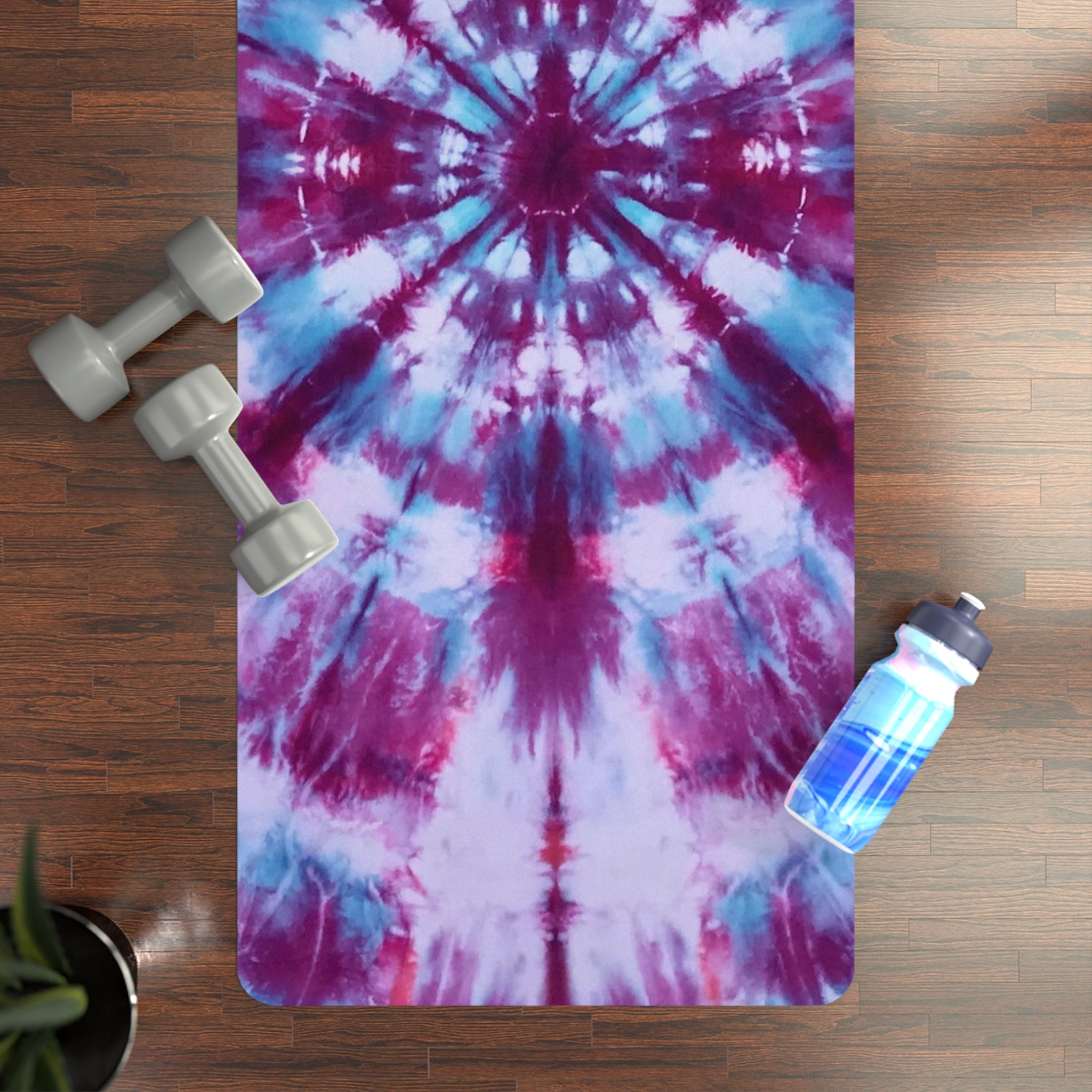 Purple Blue Tie Dye Rubber Yoga Mat | Mandala Burst Pattern