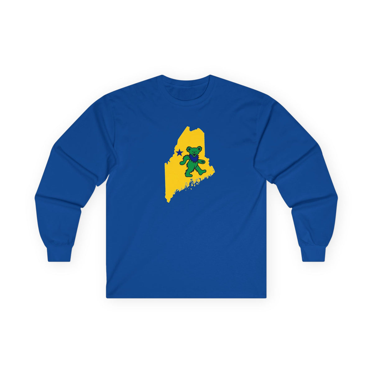 Maine Grateful Dead Bear Long Sleeve Tee — Retro Dancing Bear on Yellow State Silhouette