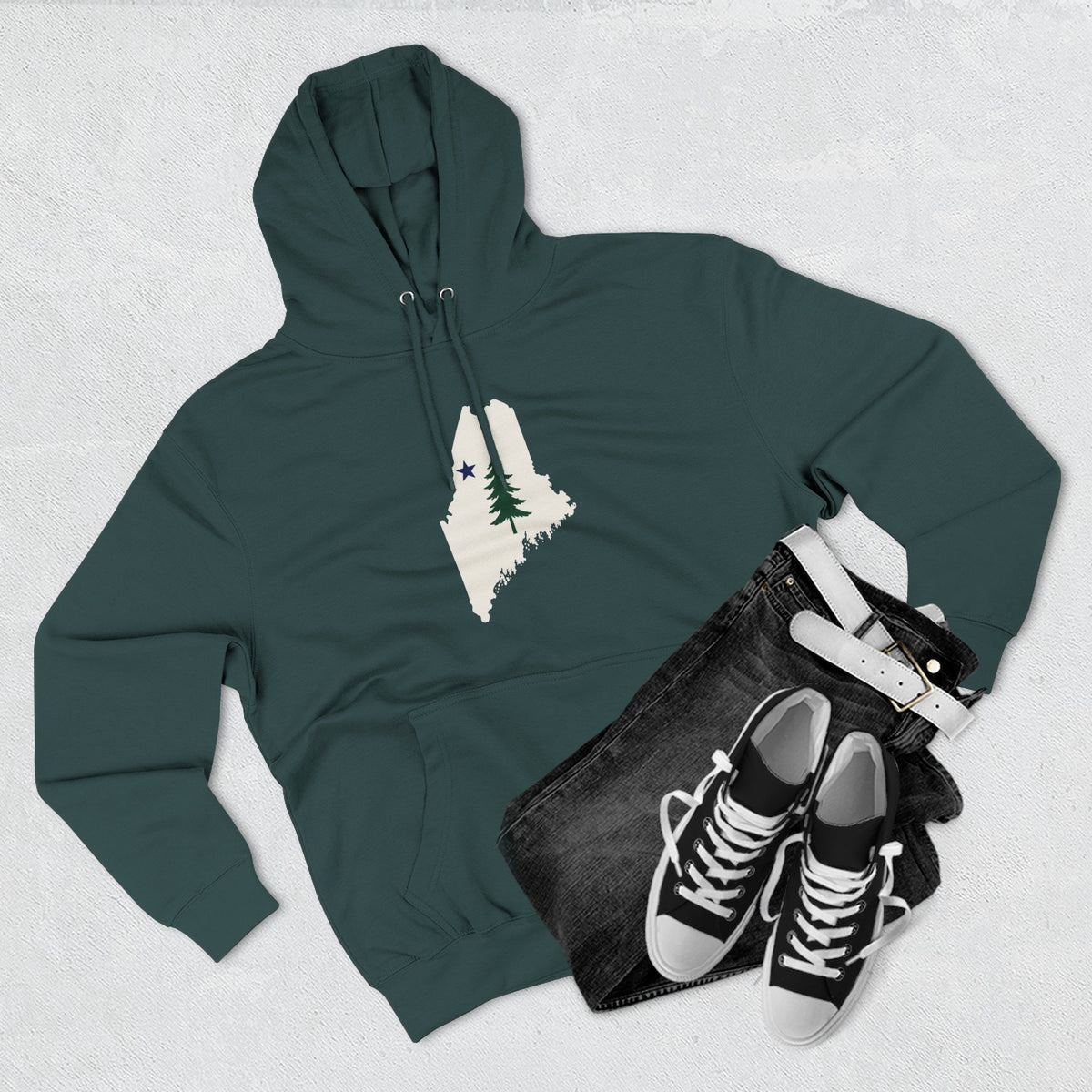 Maine Pine Tree Hoodie – Rustic State Outline Fleece Pullover