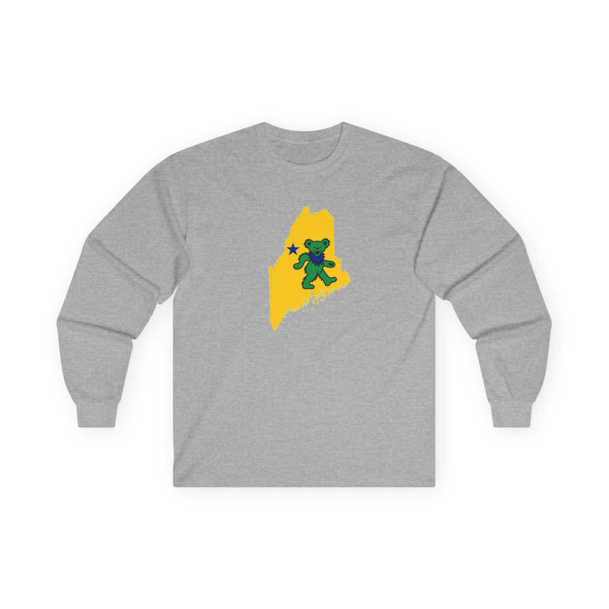 Maine Grateful Dead Bear Long Sleeve Tee — Retro Dancing Bear on Yellow State Silhouette