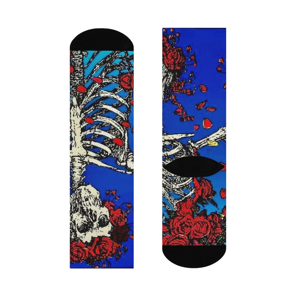 Grateful Dead Skeleton with Red Roses Crew Socks | Floral Skull Socks, Blue Gothic Hosiery