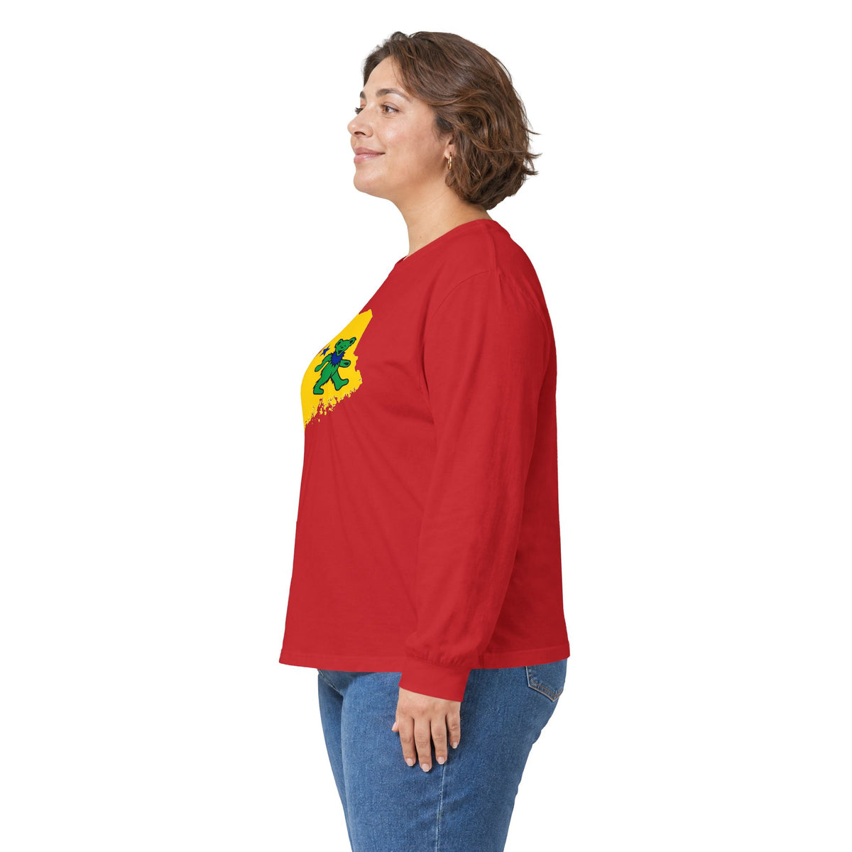 Maine Grateful Dead Bear Long Sleeve Tee — Retro Dancing Bear on Yellow State Silhouette